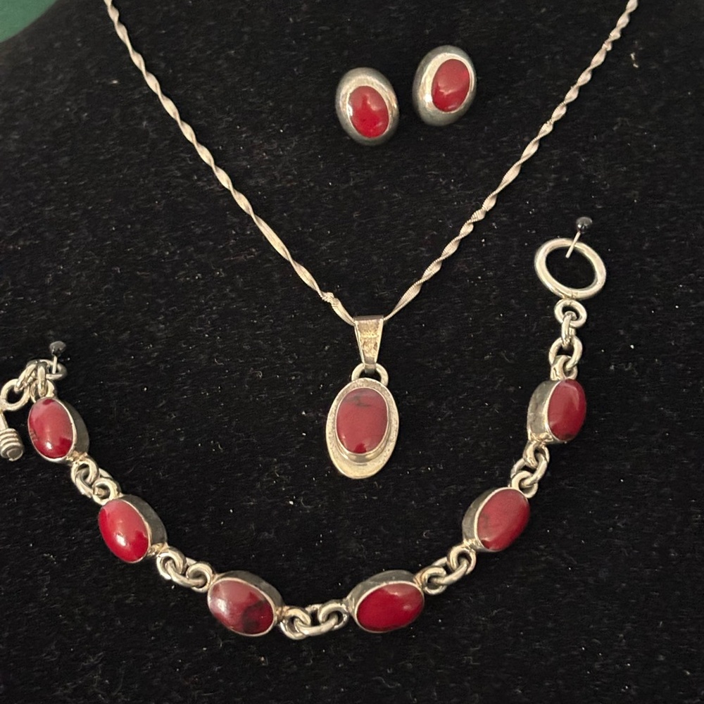 Silver & Red Coral Jewelry Set - Necklace, Bracelet & pierced Earrings
